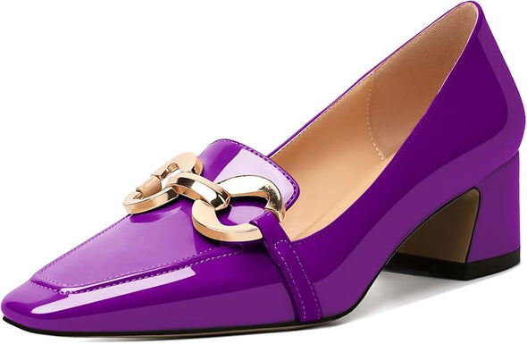 Womens Square Toe Block Heels Mid Chunky Heel Loafer Pumps Slip On Chain Dress Comfortable Prom Shoe