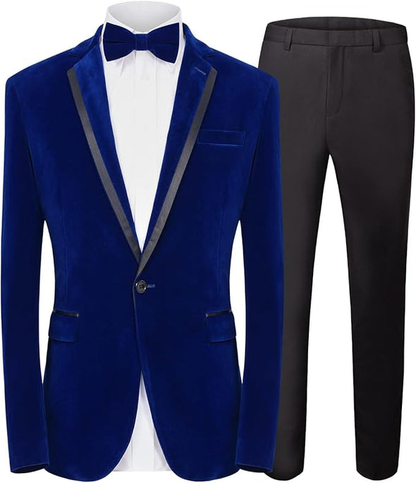 Mens Velvet 2 Piece Suit Spliced Lapel One Button tuxedo blazer with pants