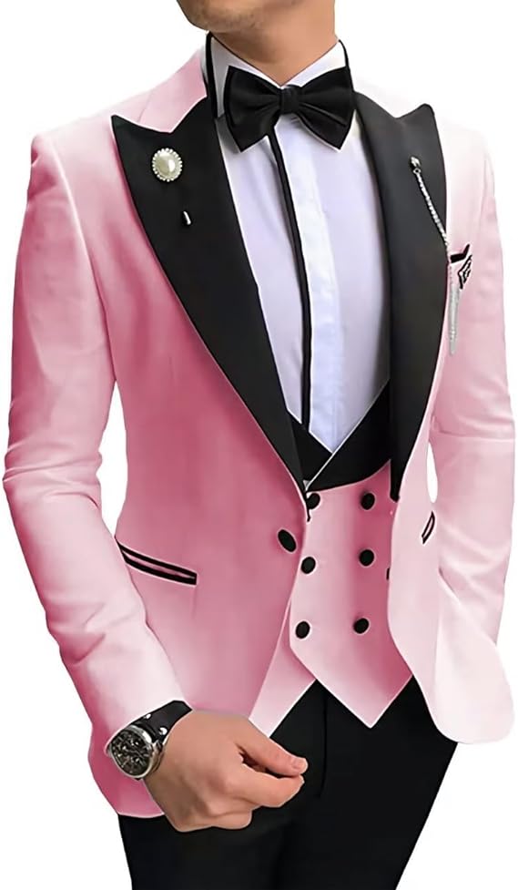 Men's Tuxedo Slim Fit 3 Piece Suit Formal Wedding Suit One Button Jacket Vest & Trousers with Bow Tie