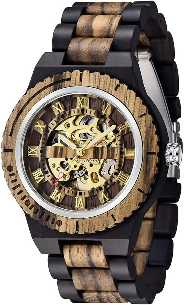 Men's Wooden Watch Skeleton Automatic Movement Wood Watch Self-Winding Watches for
