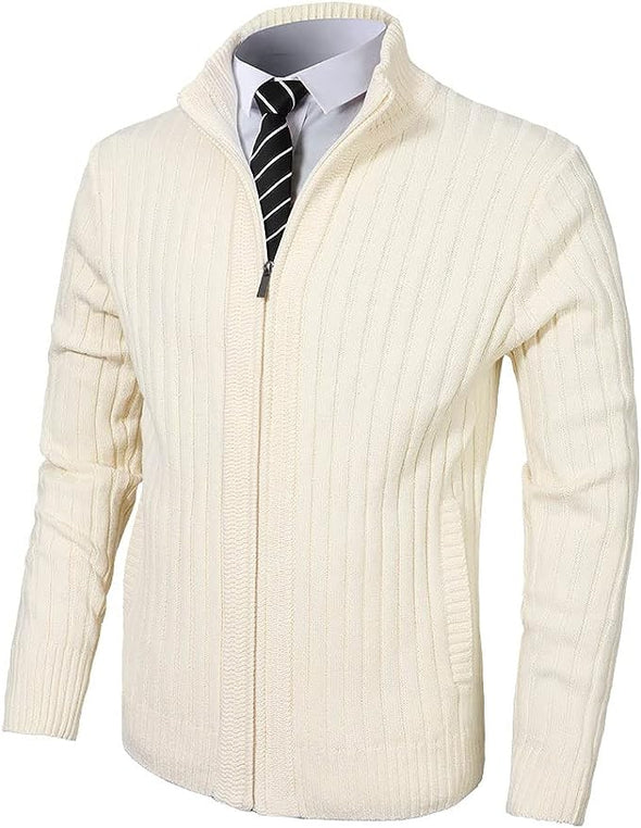 Men's Cardigan Sweaters Full Zip Up Stand Collar Slim Fit Casual Knitted Sweater with 2 Front Pockets