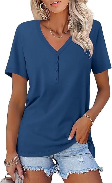 V Neck 3/4 Sleeve Tops Solid Shirts Casual Summer Tees