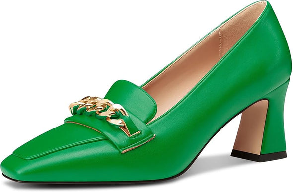 Women Mid Chunky Block Loafers Close Square Toe Slip-on Pumps with Metal Chain Work Casual Pumps 2.8 Inches Heels