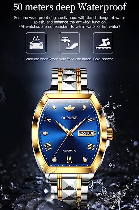 OUPINKE Mens Automatic Watches Luxury Self Winding Mechanical Tonneau Diamond Business Dress Wrist Watches Sapphire Crystal Tungsten Steel Waterproof Luminous