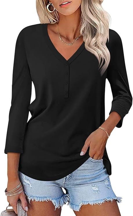 V Neck 3/4 Sleeve Tops Solid Shirts Casual Summer Tees