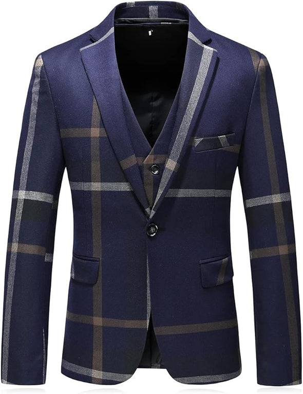 Mens Suits 3 Piece Check Plaid Suit Single Breasted One Button suits