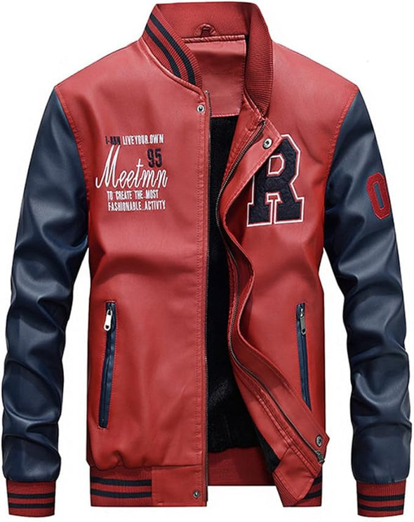 Men's Faux Leather Jacket Casual Baseball Stand Collar Slim Fit Coat