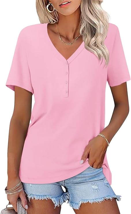 V Neck 3/4 Sleeve Tops Solid Shirts Casual Summer Tees