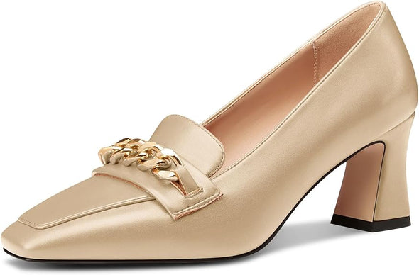 Women Mid Chunky Block Loafers Close Square Toe Slip-on Pumps with Metal Chain Work Casual Pumps 2.8 Inches Heels