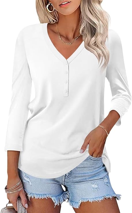 V Neck 3/4 Sleeve Tops Solid Shirts Casual Summer Tees