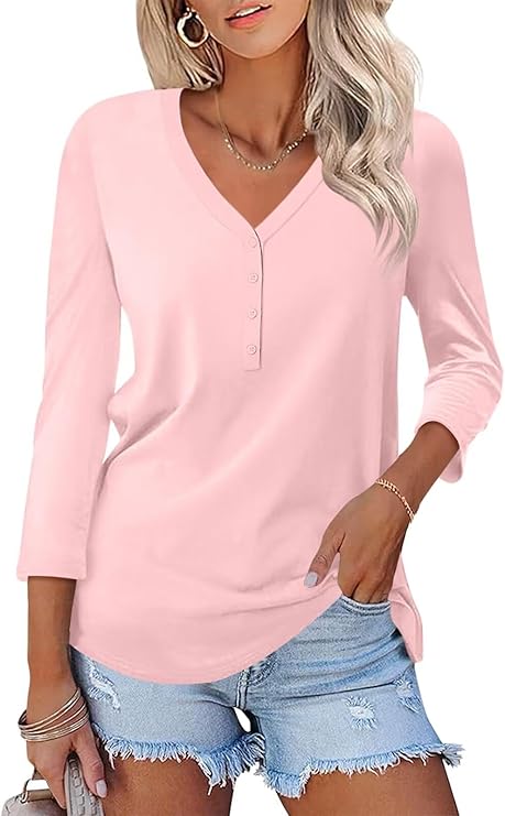 V Neck 3/4 Sleeve Tops Solid Shirts Casual Summer Tees
