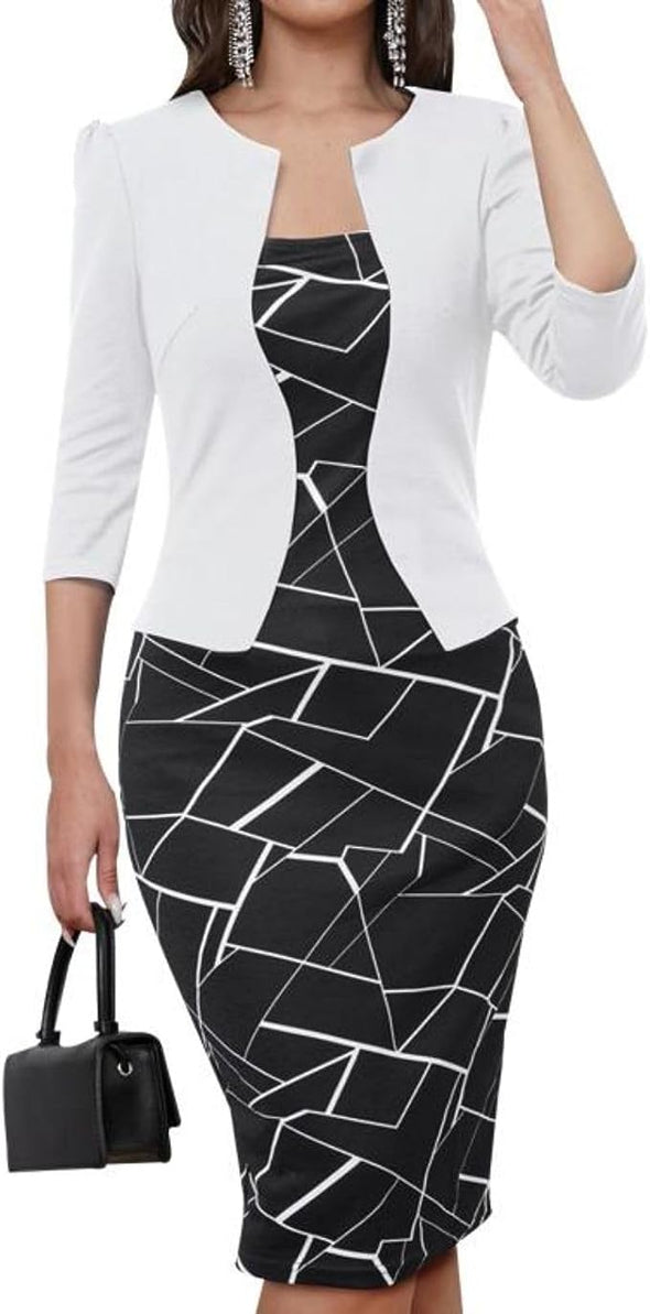 Women's Bodycon Pencil Dresses 3/4 Sleeve Teacher Church Modest Business Wear to Work Outfits Faux Blazer Suiting Dress