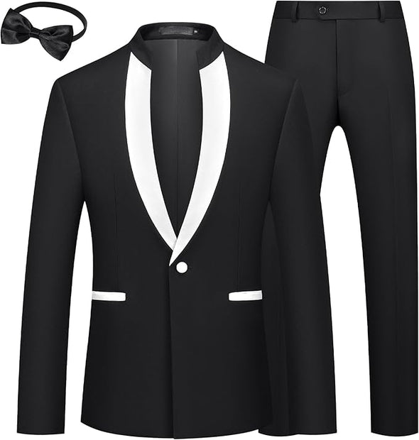 Mens 2 Pieces Tuxedo Standing Collar Slim Fit One Button Color Clashing Design Suit Blazer Jacket and Pants Set