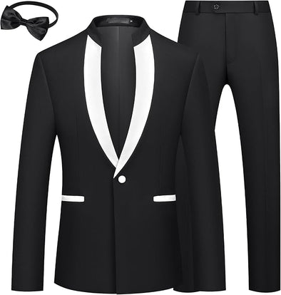 Mens 2 Pieces Tuxedo Standing Collar Slim Fit One Button Color Clashing Design Suit Blazer Jacket and Pants Set