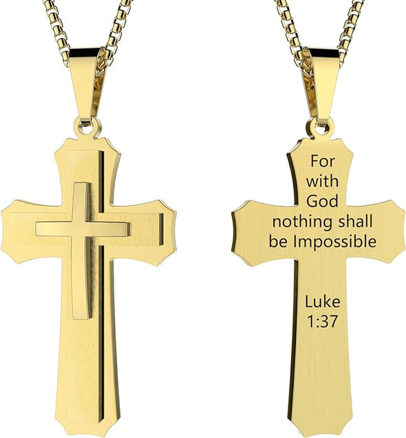 18K Gold Iced Out Cross Pendant 316L Stainless Steel Cuban Link Chain Necklace For Men Women