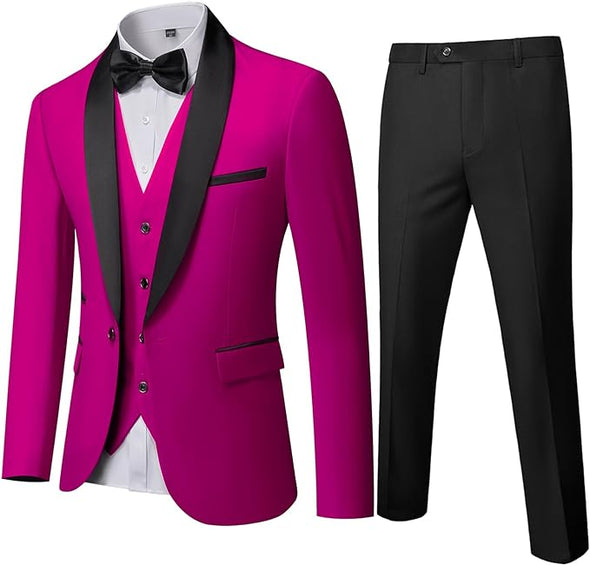 Men's 3 Piece Slim Fit Tuxedo Set, One Button Shawl Collar Solid Jacket Vest Pants with Bow Tie