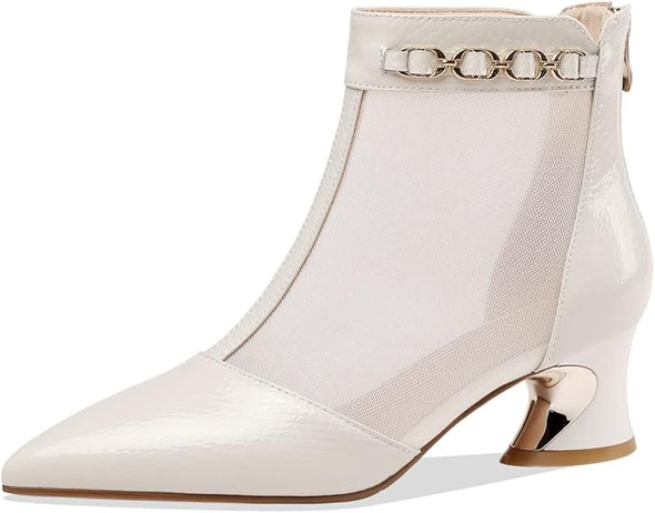 Genuine Leather and Mesh Women's Handmade Back Zip Pointed Toe Summer Ankle Boots
