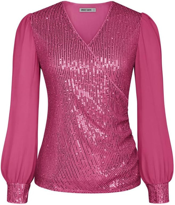 Womens Sequin Dressy Tops Chiffon Light Long Sleeve Glitter Sparkly Shimmer Party