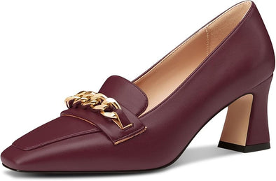 Women Mid Chunky Block Loafers Close Square Toe Slip-on Pumps with Metal Chain Work Casual Pumps 2.8 Inches Heels