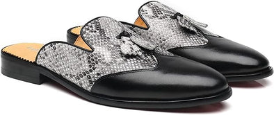 Mens Black Backless Loafers Genuine Leather Mules Shoes