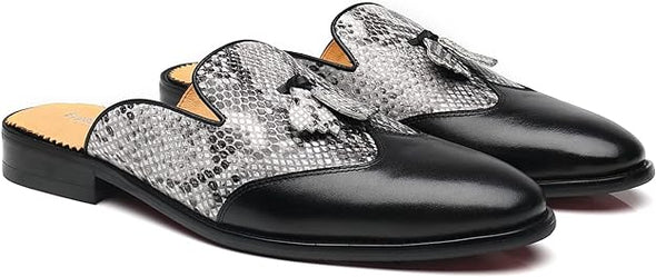 Mens Black Backless Loafers Genuine Leather Mules Shoes