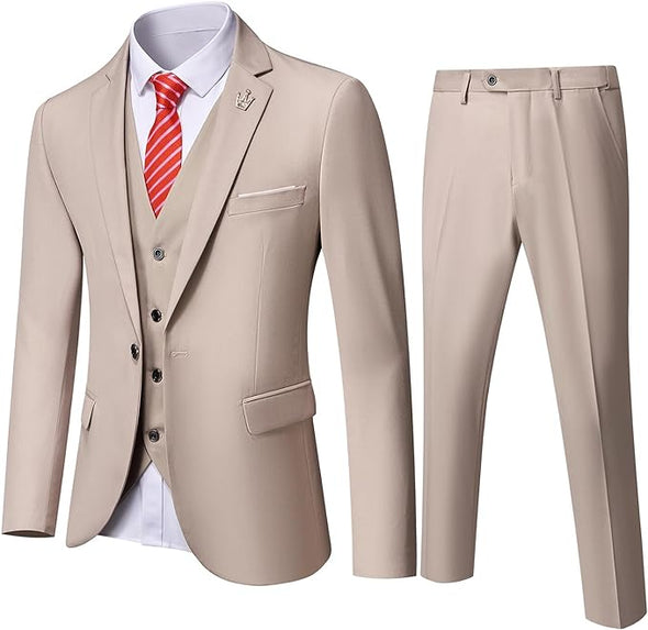 Men's 3 Piece Slim Fit Suit, One Button Jacket Blazer Vest Pants Set and Tie