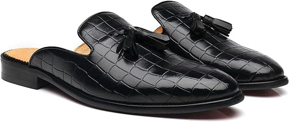 Mens Black Backless Loafers Genuine Leather Mules Shoes