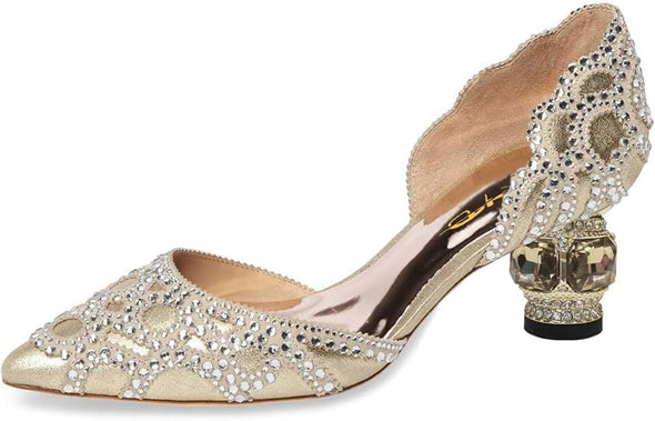 Women's Pumps, Elegant Pointed Toe, D'Orsay Crystal Chunky Low Heels 2 Inches, Rhinestone Studs, Slip-On Satin Shoes for Wedding