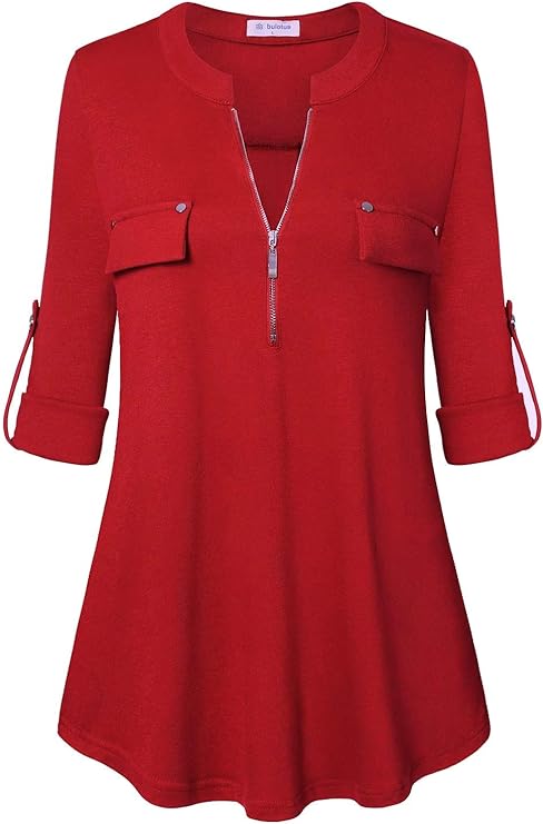 Women's Zip Front V-Neck 3/4 Sleeve Tunic Casual Top