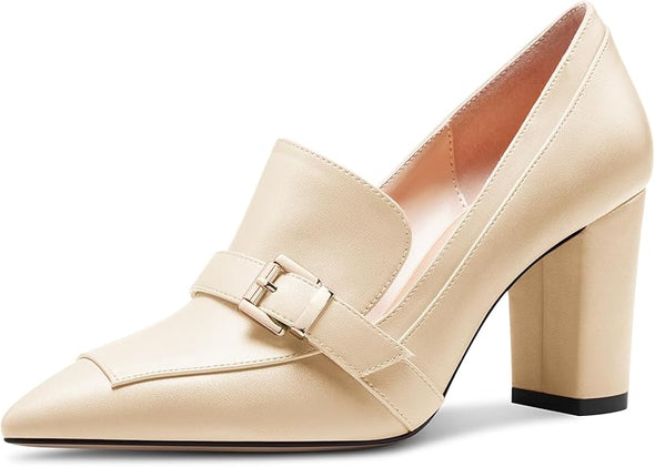 Womens Chunky Block Mid Heel Pointed Toe Pumps Slip-on Buckle Office Basic Classic Summer 3.2 Inches Shoes