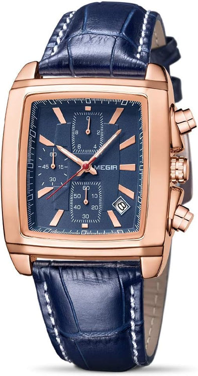 Men's Business Analog Chronograph Luminous Rectangle Quartz Watch with Stylish Leather Strap for Sport & Work