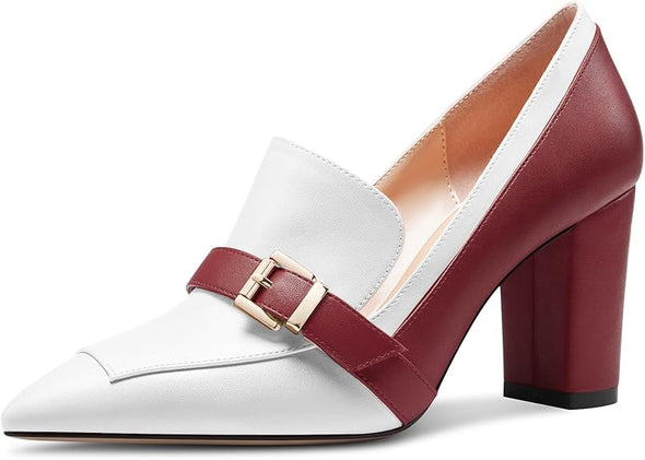 Womens Chunky Block Mid Heel Pointed Toe Pumps Slip-on Buckle Office Basic Classic Summer 3.2 Inches Shoes