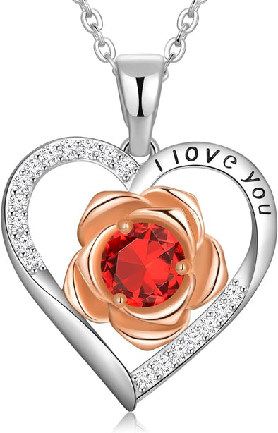 Rose Necklaces for Women Wife, Silver Jewelry for Girl Womens Necklaces Gift for Her Birthday Gifts for Wife Girlfriend Anniversary for Her Heart Birthstone Necklace for Women's Jewelry Gifts for Wife Girl Girlfriend On Christmas Valentines Day
