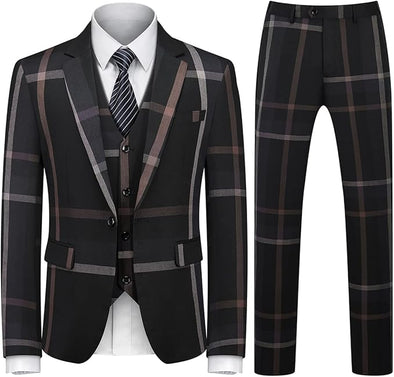 Mens Suits 3 Piece Check Plaid Suit Single Breasted One Button suits