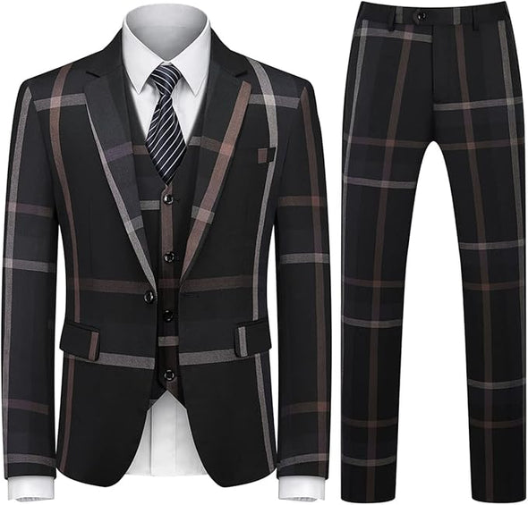 Mens Suits 3 Piece Check Plaid Suit Single Breasted One Button suits