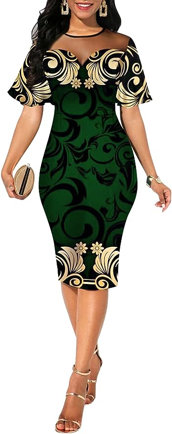 Sexy Short Sleeve Bodycon Dress for Women Floral Printed Mesh Slim Fit Prom Party Midi Dresses