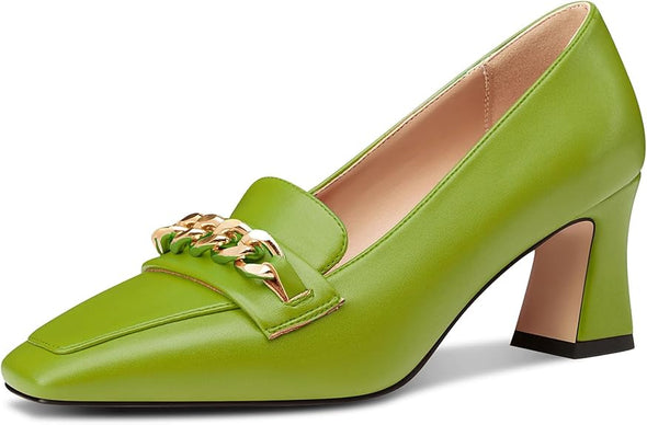 Women Mid Chunky Block Loafers Close Square Toe Slip-on Pumps with Metal Chain Work Casual Pumps 2.8 Inches Heels