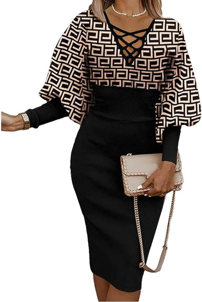 Women Trendy Lantern Sleeve Dress Casual Work Criss Cross V-Neck Color Block Slim Midi Wrap Pencil Dress Fall Spring