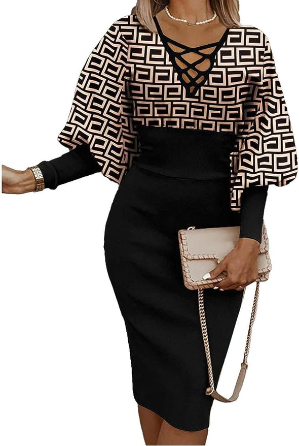 Women Trendy Lantern Sleeve Dress Casual Work Criss Cross V-Neck Color Block Slim Midi Wrap Pencil Dress Fall Spring