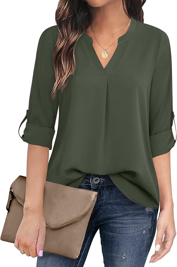 Women's Casual Chiffon V Neck 3/4 Sleeve Blouse Tops