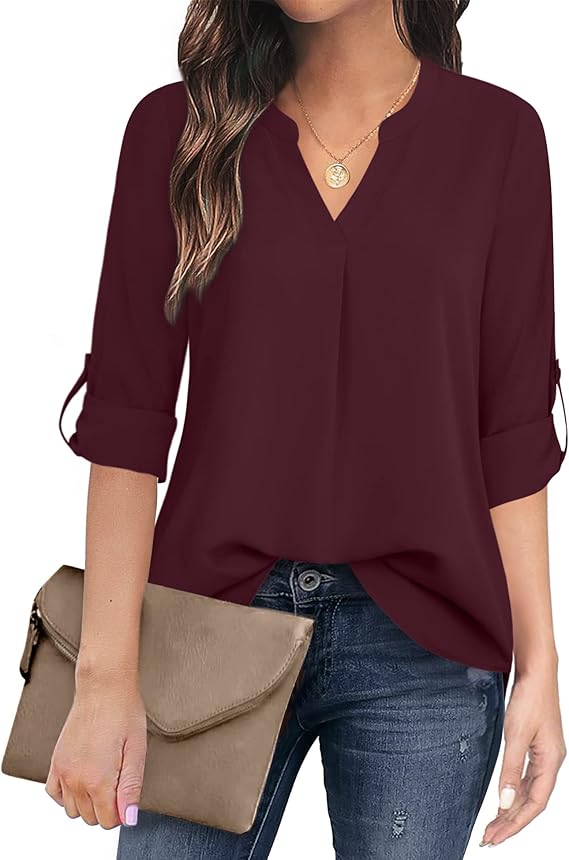 Women's Casual Chiffon V Neck 3/4 Sleeve Blouse Tops