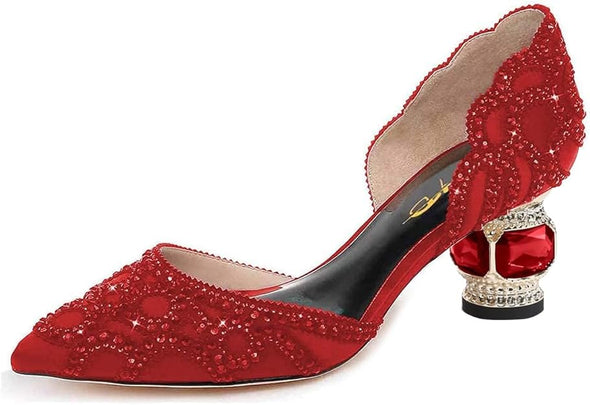 Women's Pumps, Elegant Pointed Toe, D'Orsay Crystal Chunky Low Heels 2 Inches, Rhinestone Studs, Slip-On Satin Shoes for Wedding