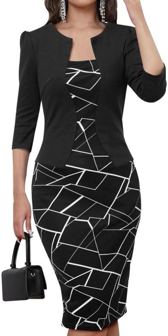 Women's Bodycon Pencil Dresses 3/4 Sleeve Teacher Church Modest Business Wear to Work Outfits Faux Blazer Suiting Dress