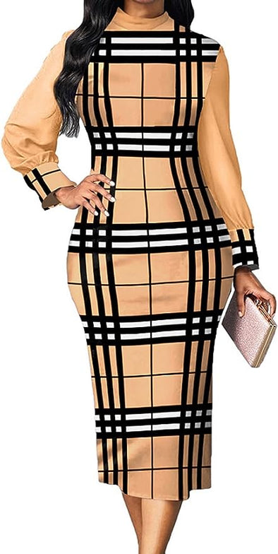 Women Pencil Dress Elegant Short Ruffles Sleeve Striped Print Crew Neck midi Bodycon Church Dress