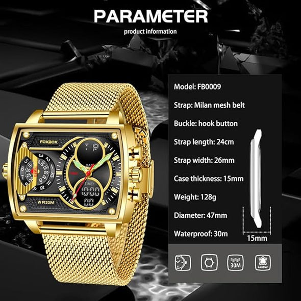 Luxury Men Boy Square Dial Digital Watch Luminous Waterproof Analog Quartz Wrist Watch Dual Display Business Watch