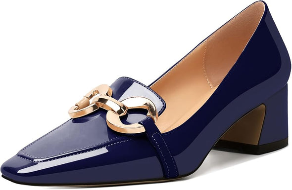 Womens Square Toe Block Heels Mid Chunky Heel Loafer Pumps Slip On Chain Dress Comfortable Prom Shoe