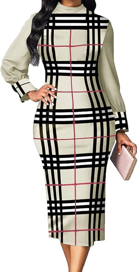 Women Pencil Dress Elegant Short Ruffles Sleeve Striped Print Crew Neck midi Bodycon Church Dress