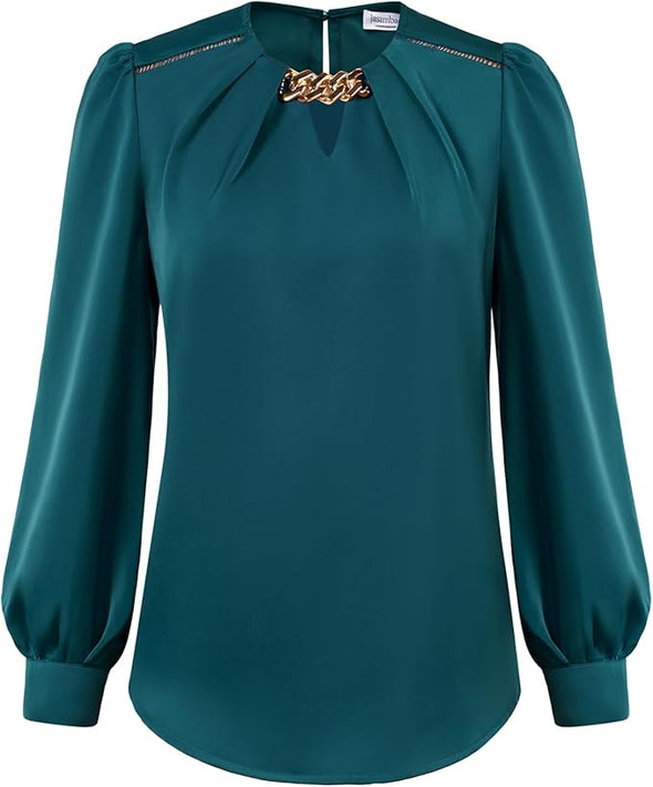 Women's Satin Silk Blouse 2024 Crew Neck Long Sleeve Blouses Elegant Casual Office Work Dressy Shirts Tops