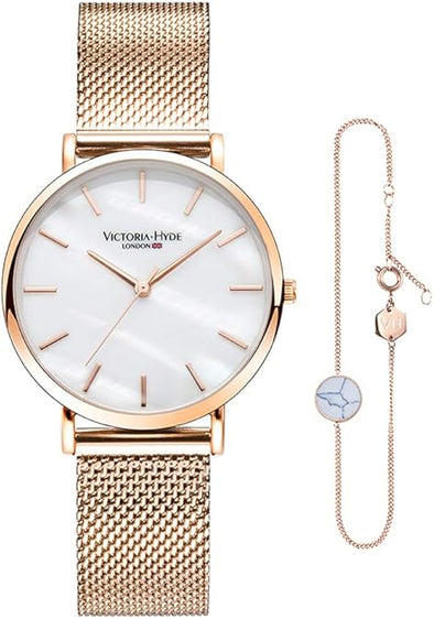 VICTORIA HYDE Rose Gold Watches for Women Analog Quartz Stainless Steel Mesh Band Casual Ladies Wristwatch with Bracelet Sets