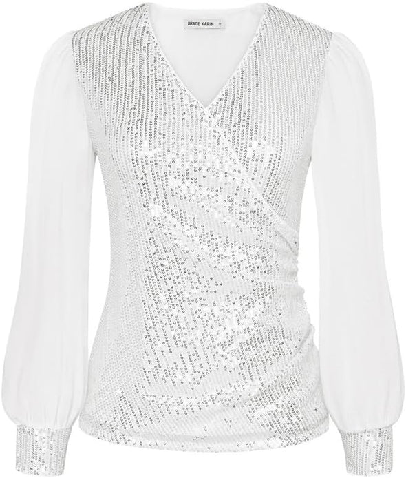 Womens Sequin Dressy Tops Chiffon Light Long Sleeve Glitter Sparkly Shimmer Party